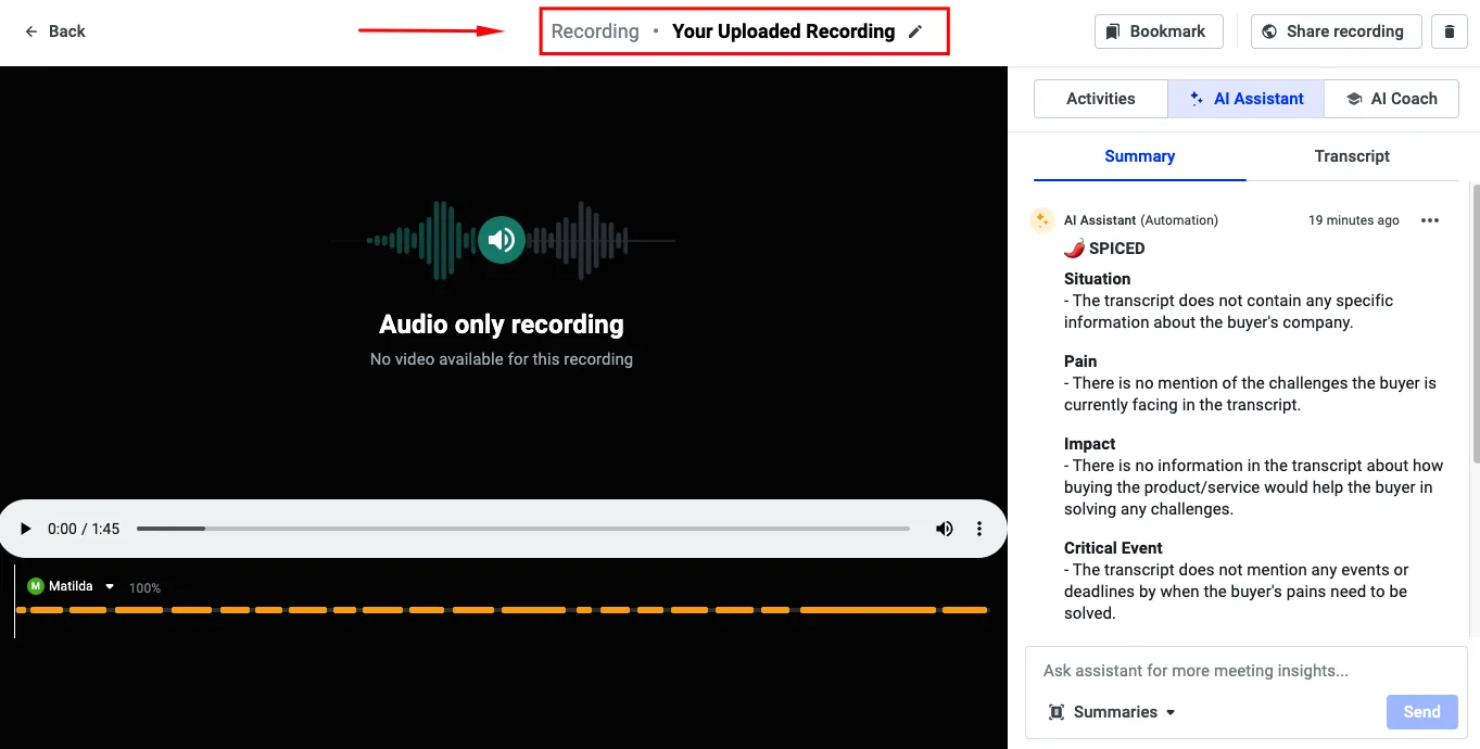 Uploaded recording view with the editable title highlighted and an AI-generated SPICED summary