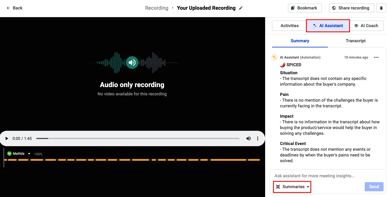 Recording view with the AI Assistant tab and Summaries dropdown highlighted
