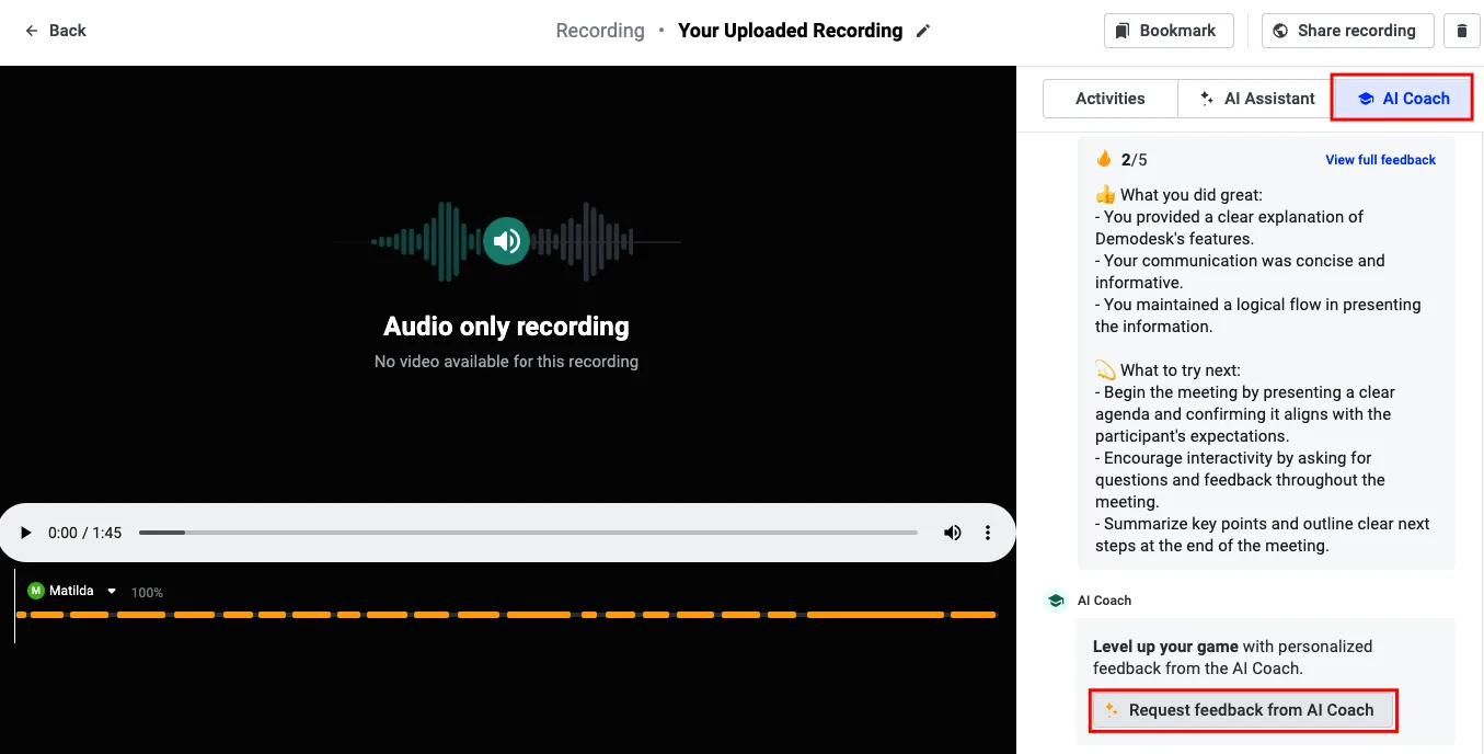 Recording view on the AI Coach tab with the Request feedback from AI Coach button highlighted