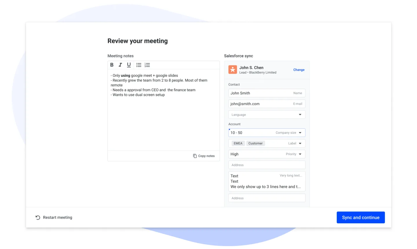 Review your meeting screen with meeting notes and Salesforce sync fields side by side