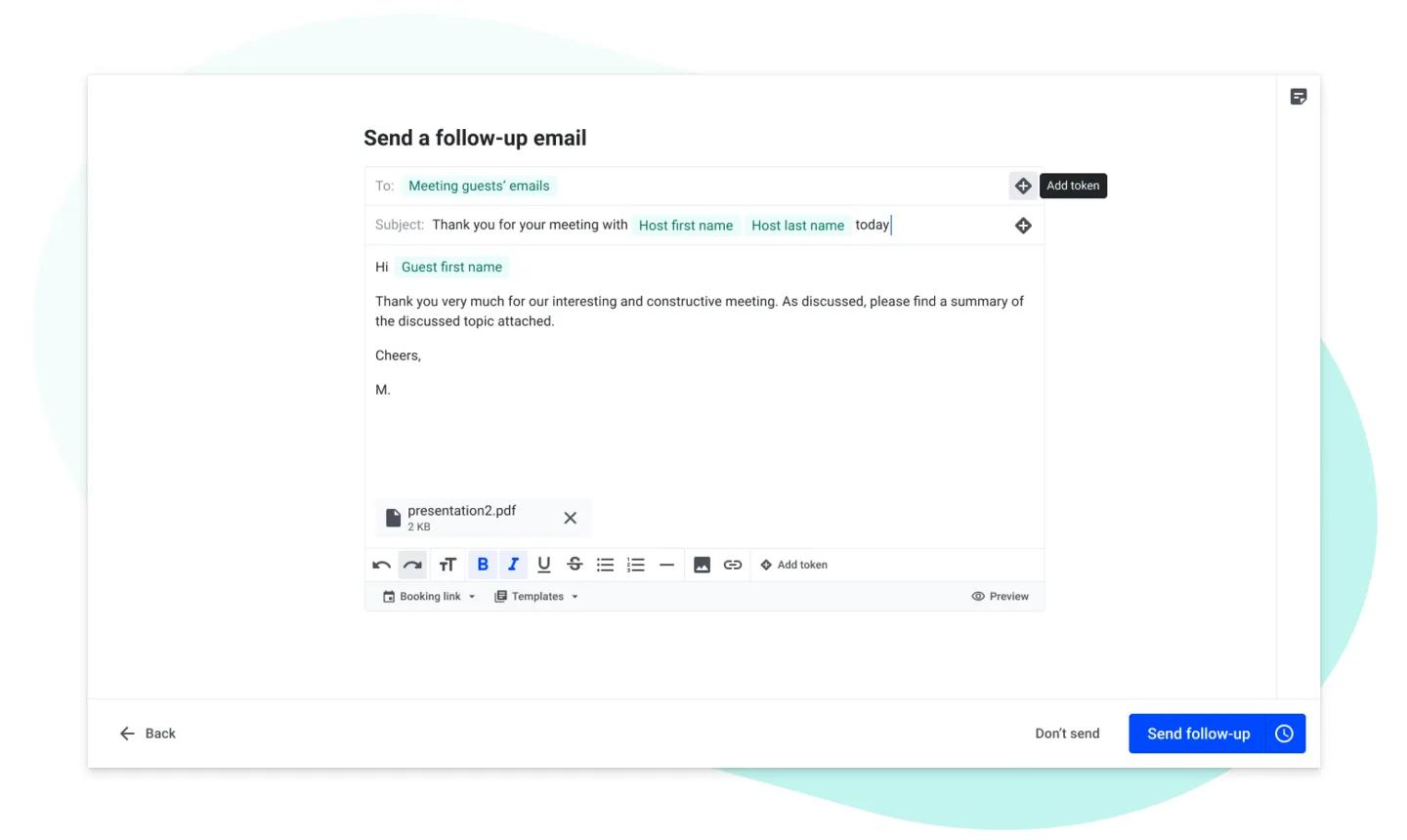Send a follow-up email screen with token placeholders in the subject and body