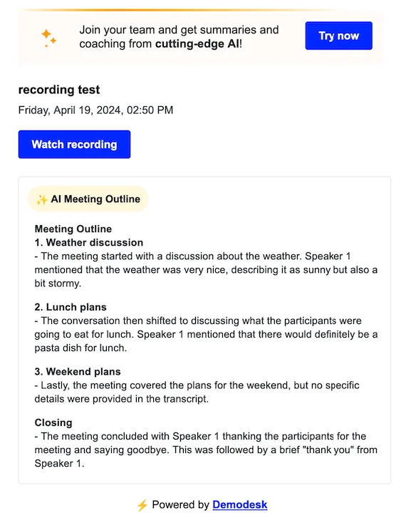 Sample meeting recap email showing the AI-generated meeting outline
