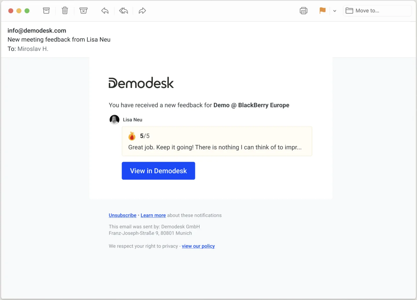 Email notification of new meeting feedback with a 5 out of 5 rating and a View in Demodesk button