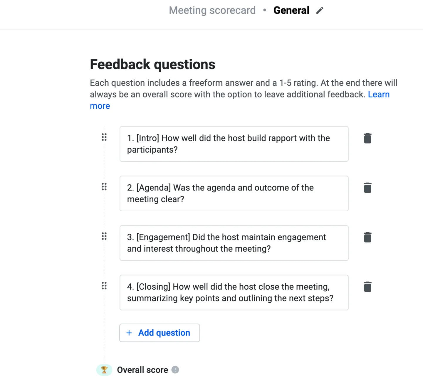 General meeting scorecard showing four feedback questions and the overall score field
