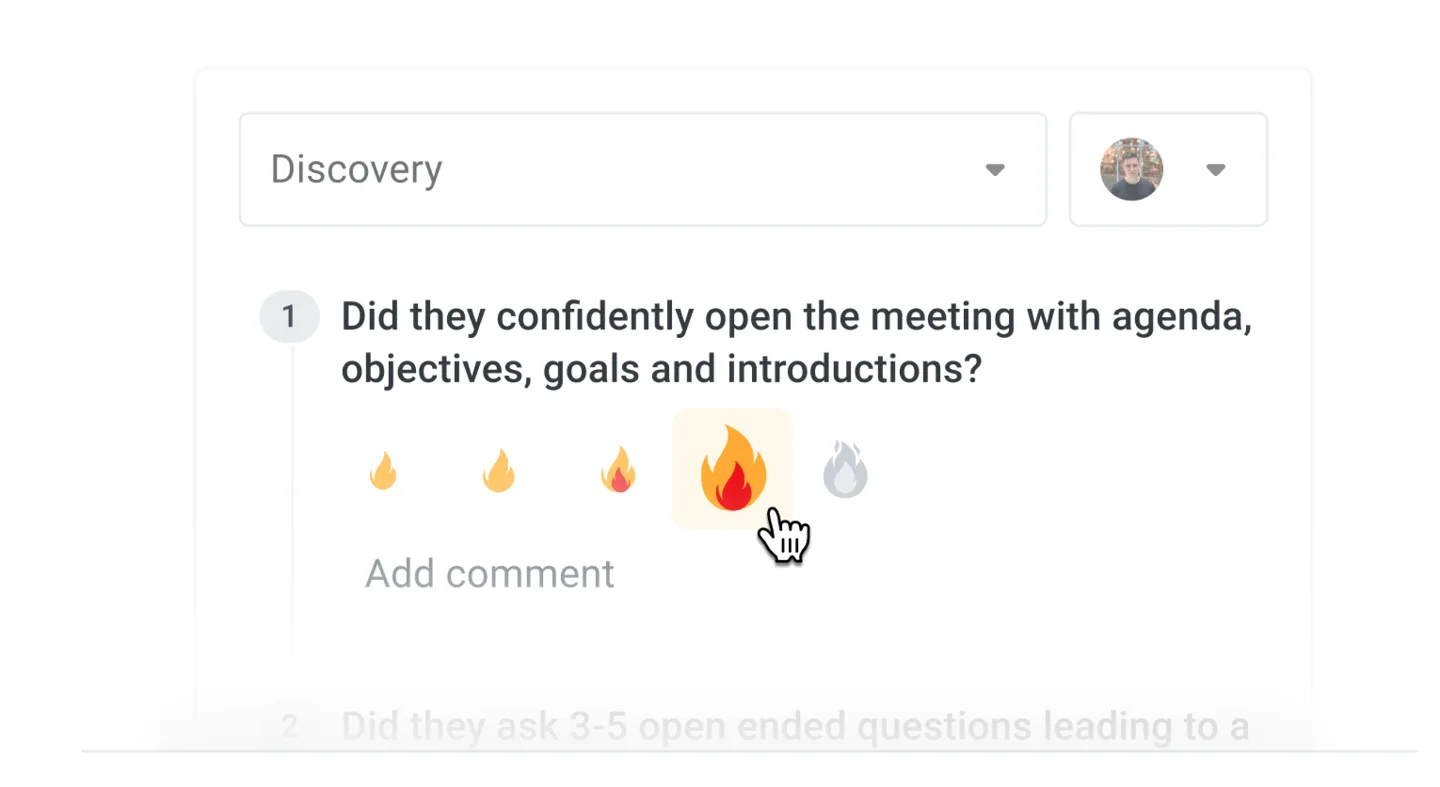 Meeting feedback form for a Discovery scorecard with a flame rating scale and comment field