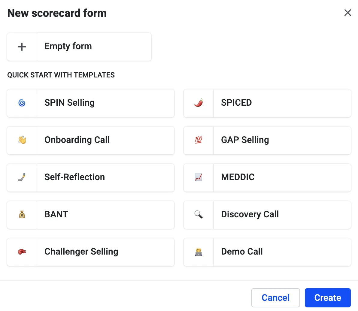 New scorecard form dialog offering an empty form or quick-start templates like SPIN Selling and BANT