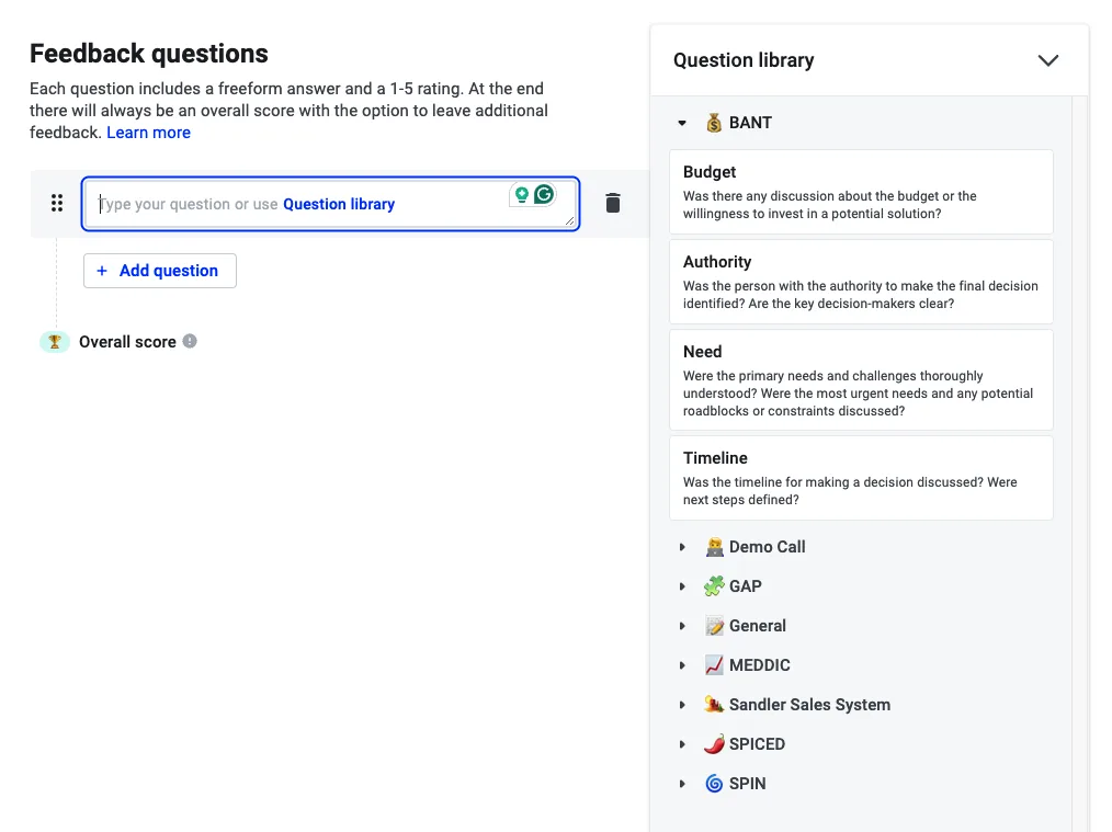 Question library sidebar open with the BANT framework questions expanded for adding to a scorecard