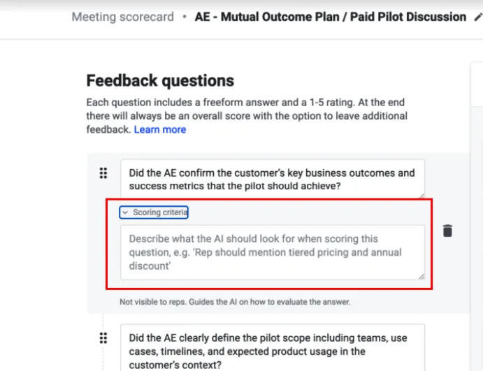 Custom scorecard question with the Scoring criteria field expanded, guiding how the AI should score it