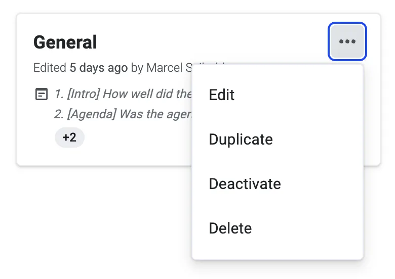 General scorecard card with its options menu open, showing Edit, Duplicate, Deactivate and Delete