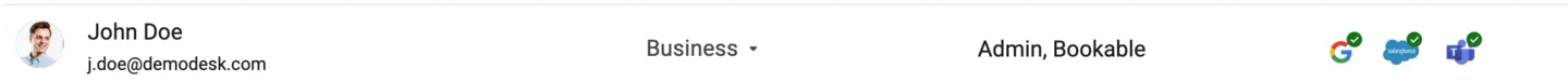 Employee list row for a sample user showing the connected Teams icon alongside Google and Salesforce
