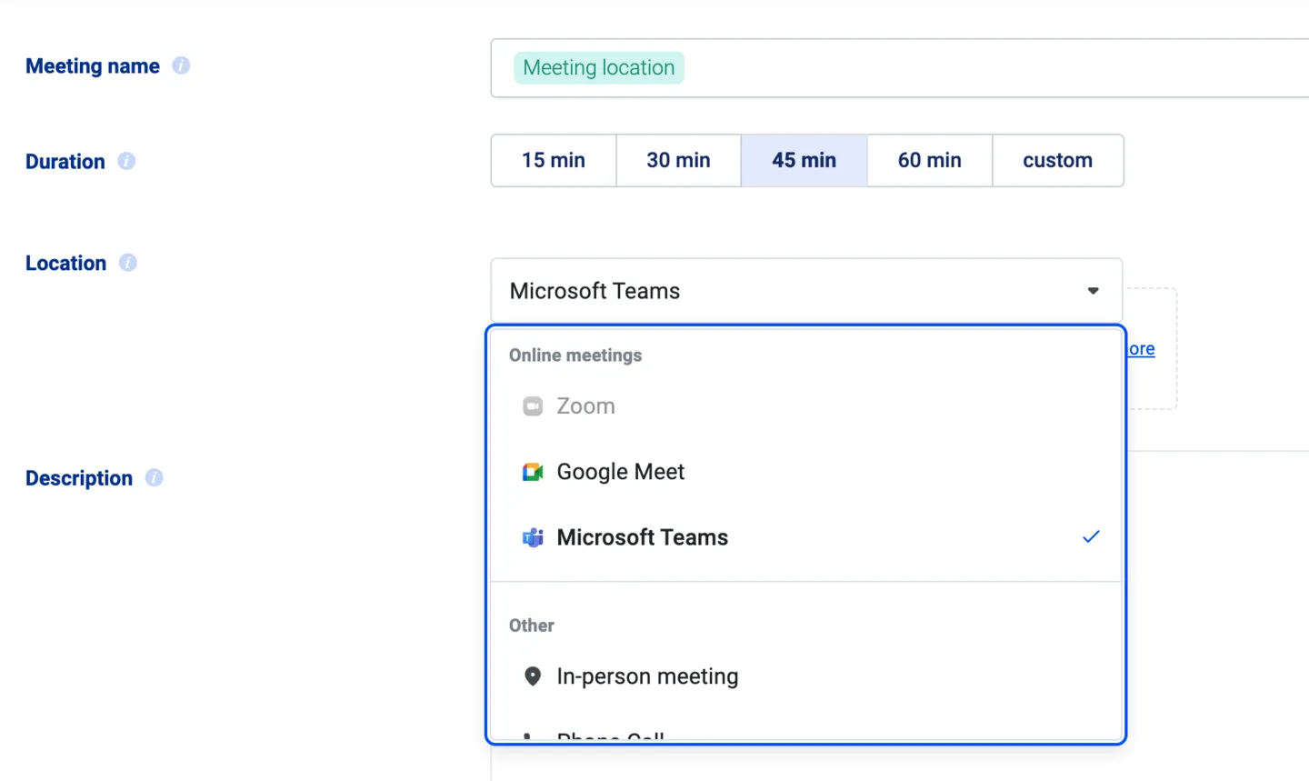 Meeting type location dropdown open with Microsoft Teams selected as the meeting location