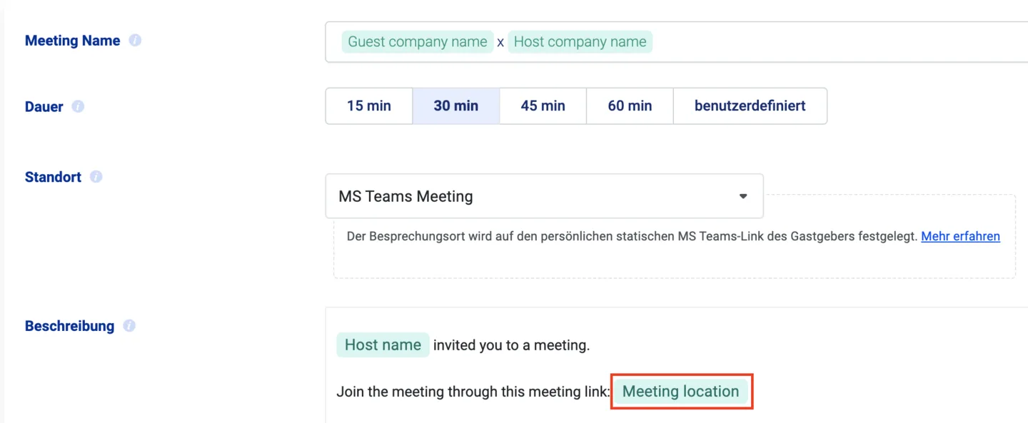 Meeting type settings with location set to MS Teams Meeting and the Meeting location token highlighted