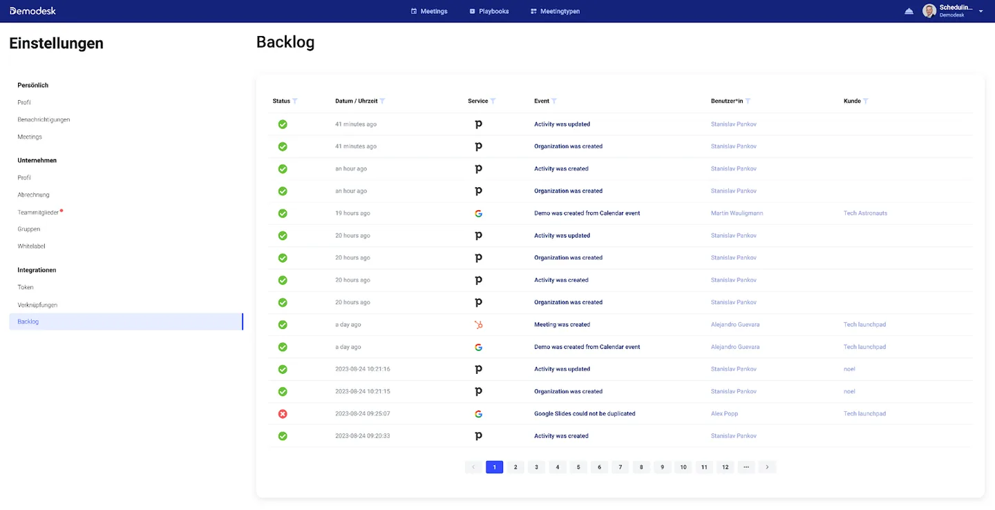 Integration backlog log listing synced activity, organization, and meeting events with timestamps and users