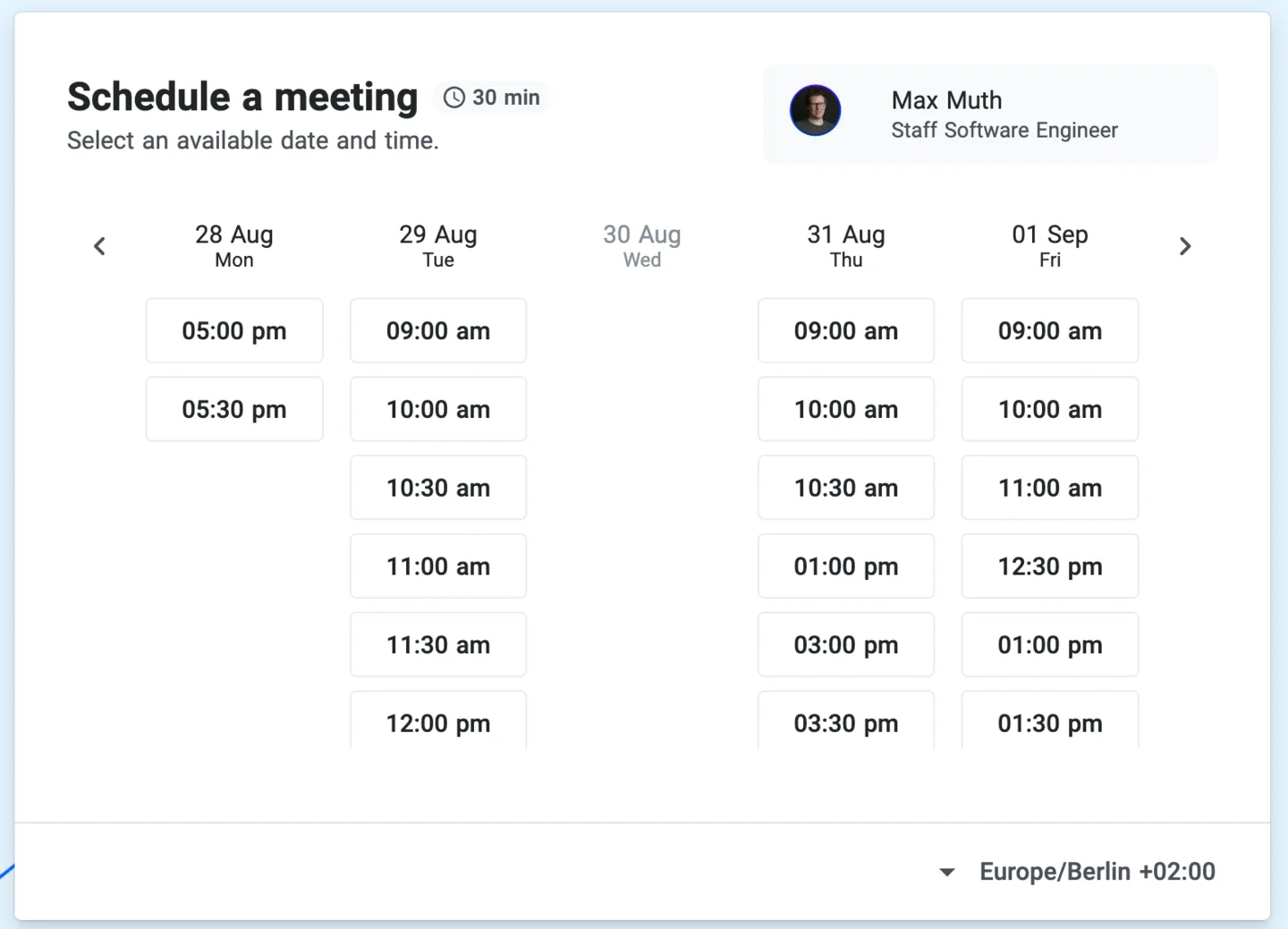 Scheduling page showing available time slots for a team member across several days