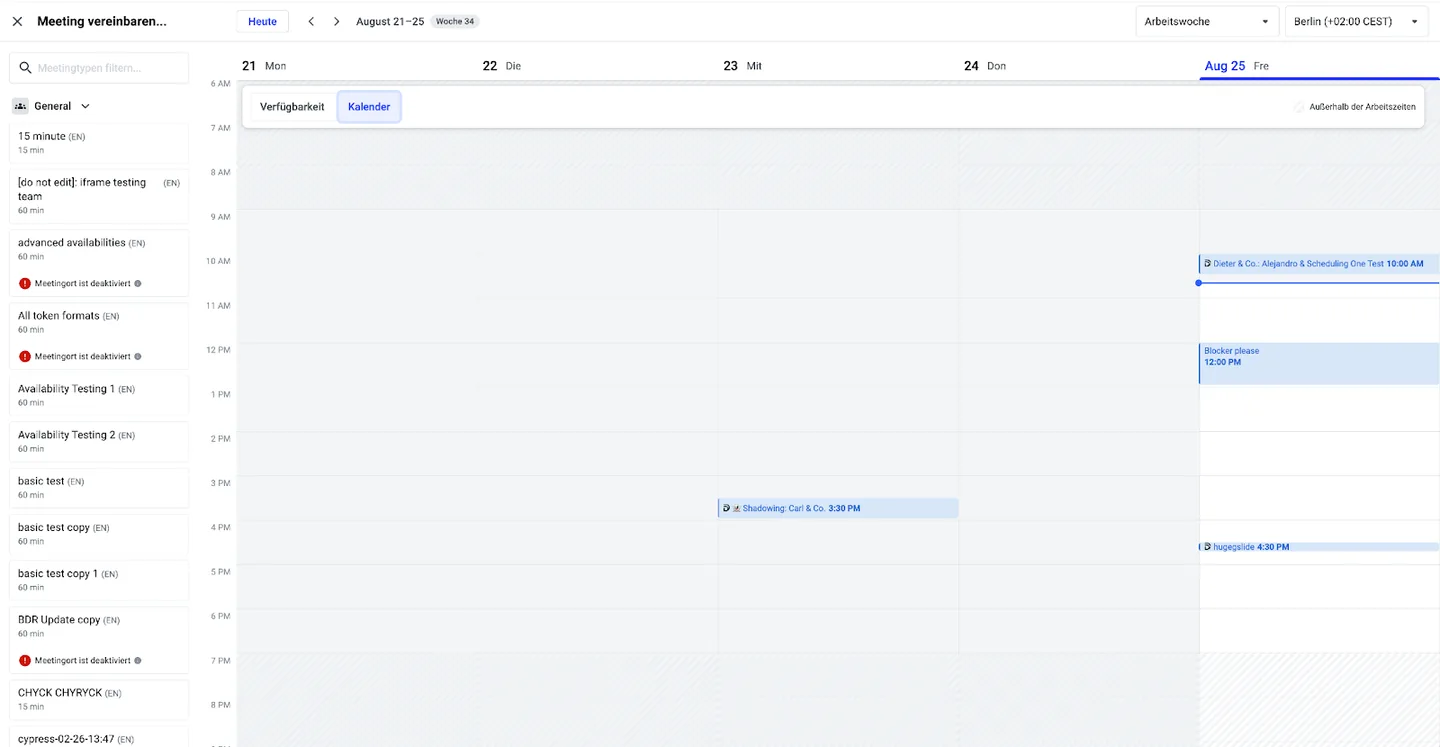 Weekly calendar view used to check a colleague's availability and booked events