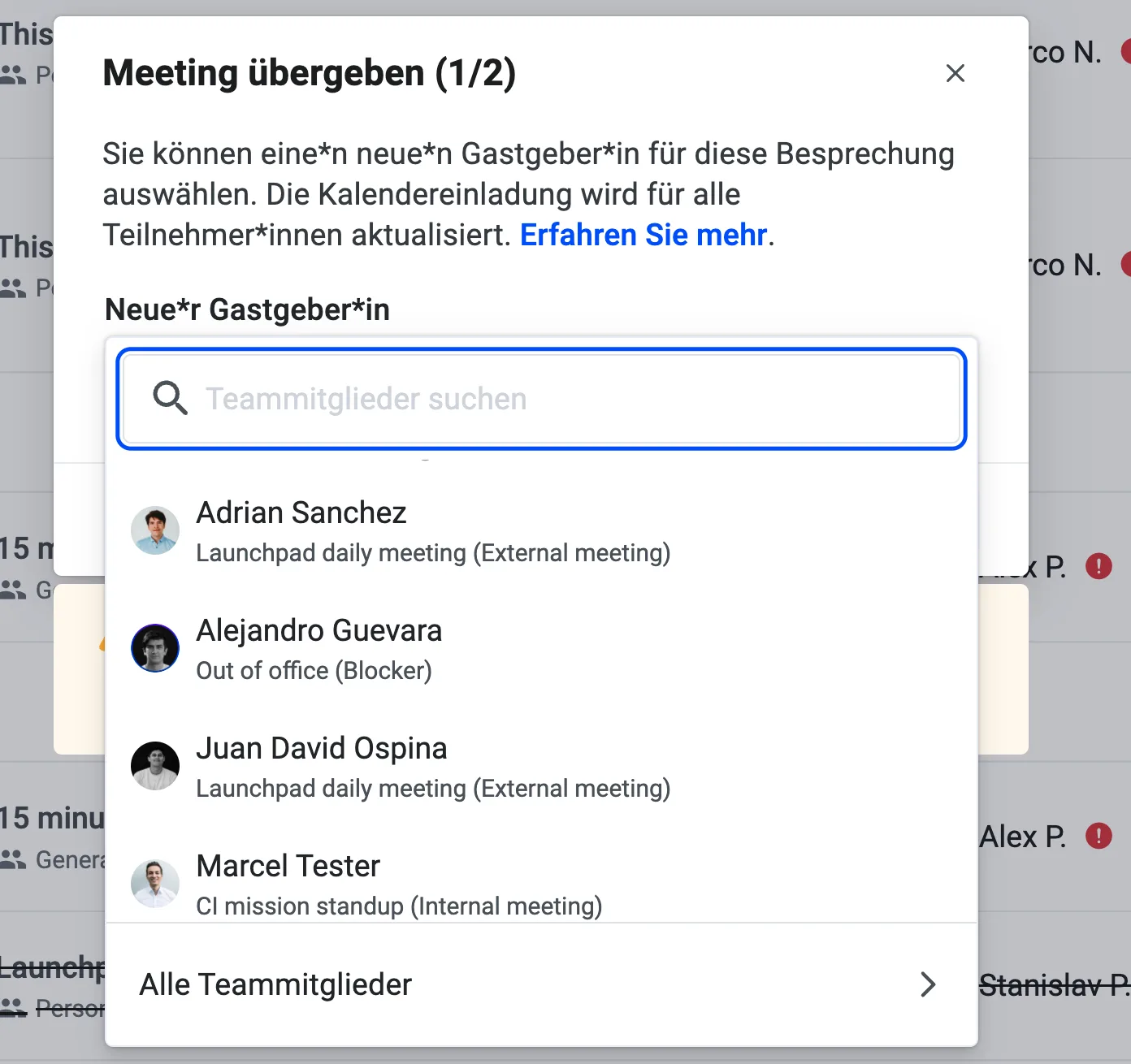 Meeting handover dialog listing team members with their current meeting or availability status