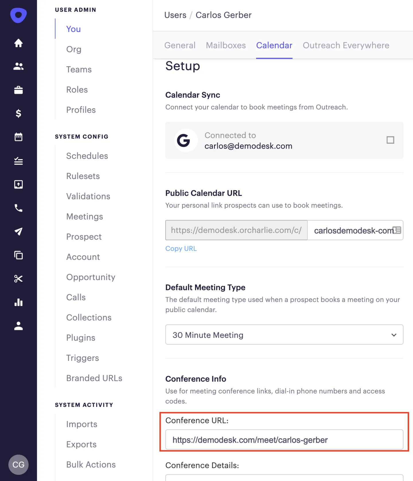 Outreach user calendar settings with the Conference URL field set to the Demodesk meeting link