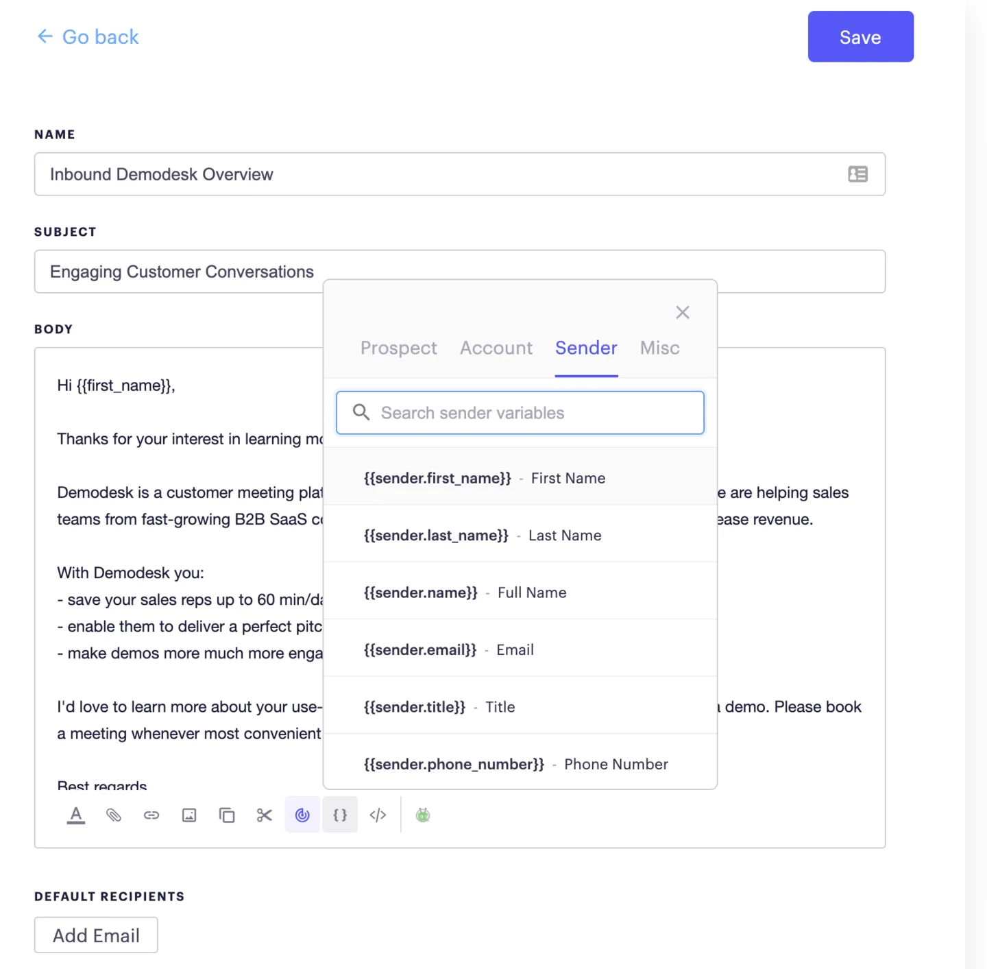 Outreach email template editor with the sender variables panel open for inserting a dynamic link