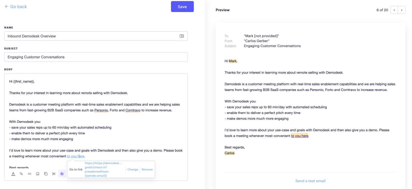 Outreach template editor with a preview pane showing the rendered email and inserted booking link