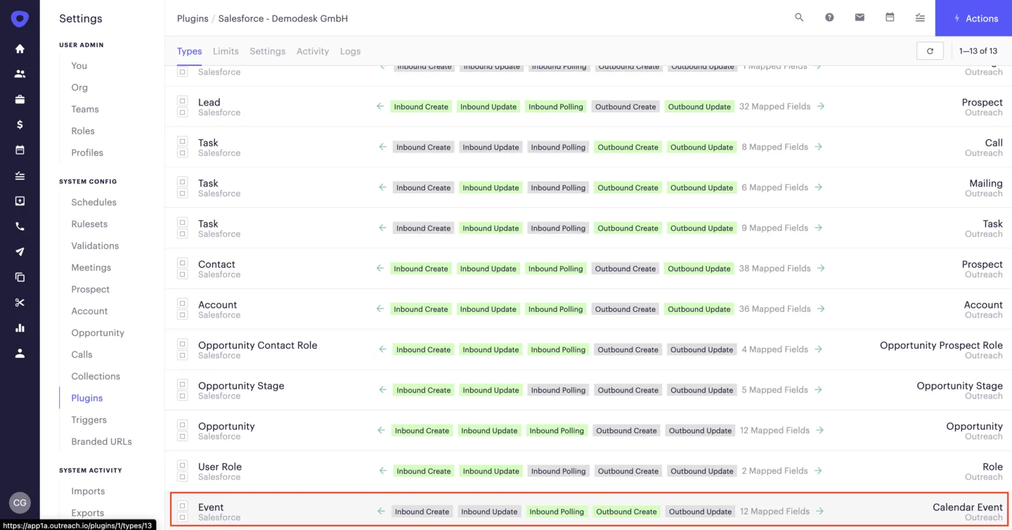 Outreach Salesforce plugin settings listing synced object types with the Event row highlighted
