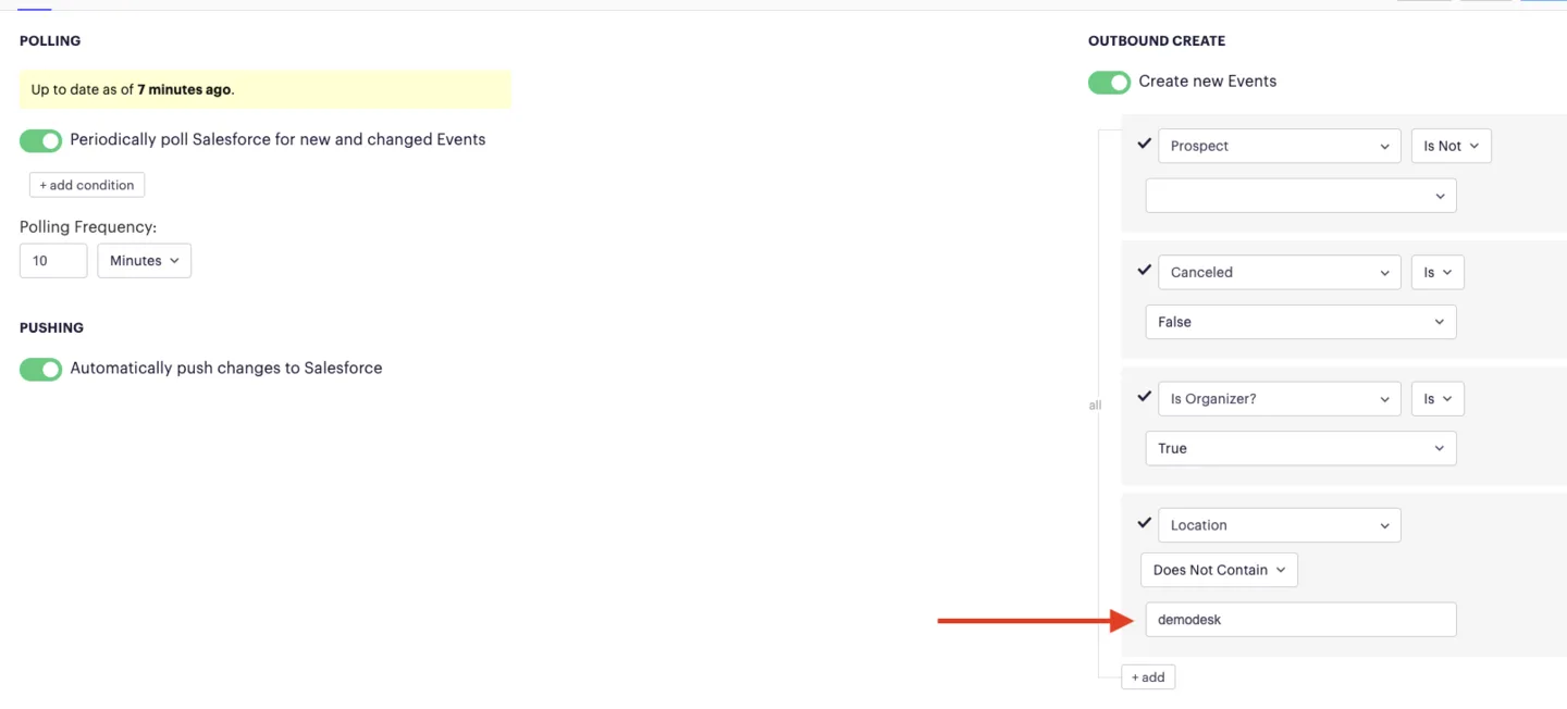 Outreach event sync condition set to exclude locations containing demodesk