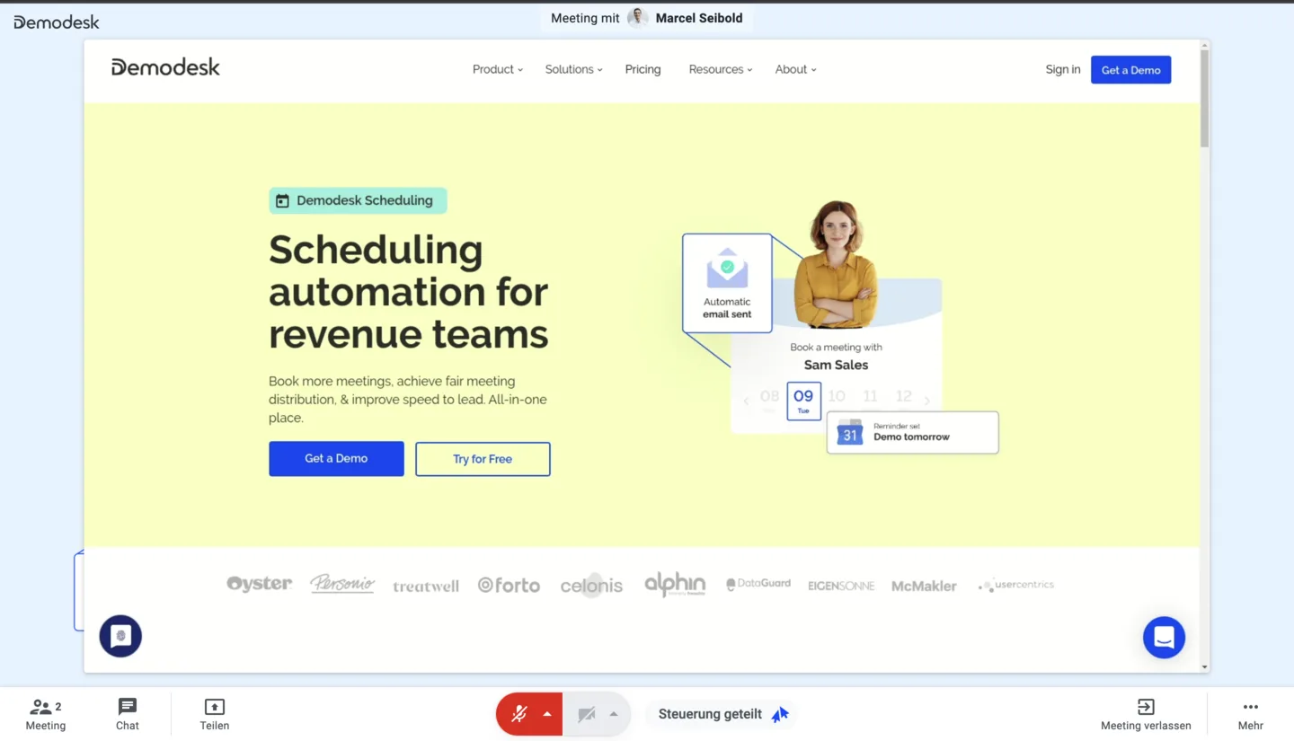 Customer's view of the shared screen while unpaused, showing the live scheduling page with mic muted