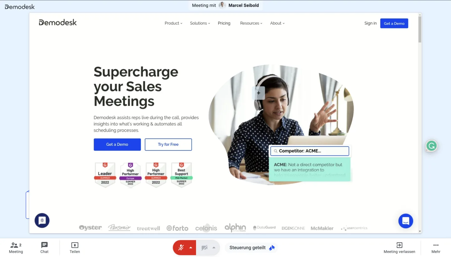 Host view during the call with an AI battlecard popup answering a question about competitor ACME