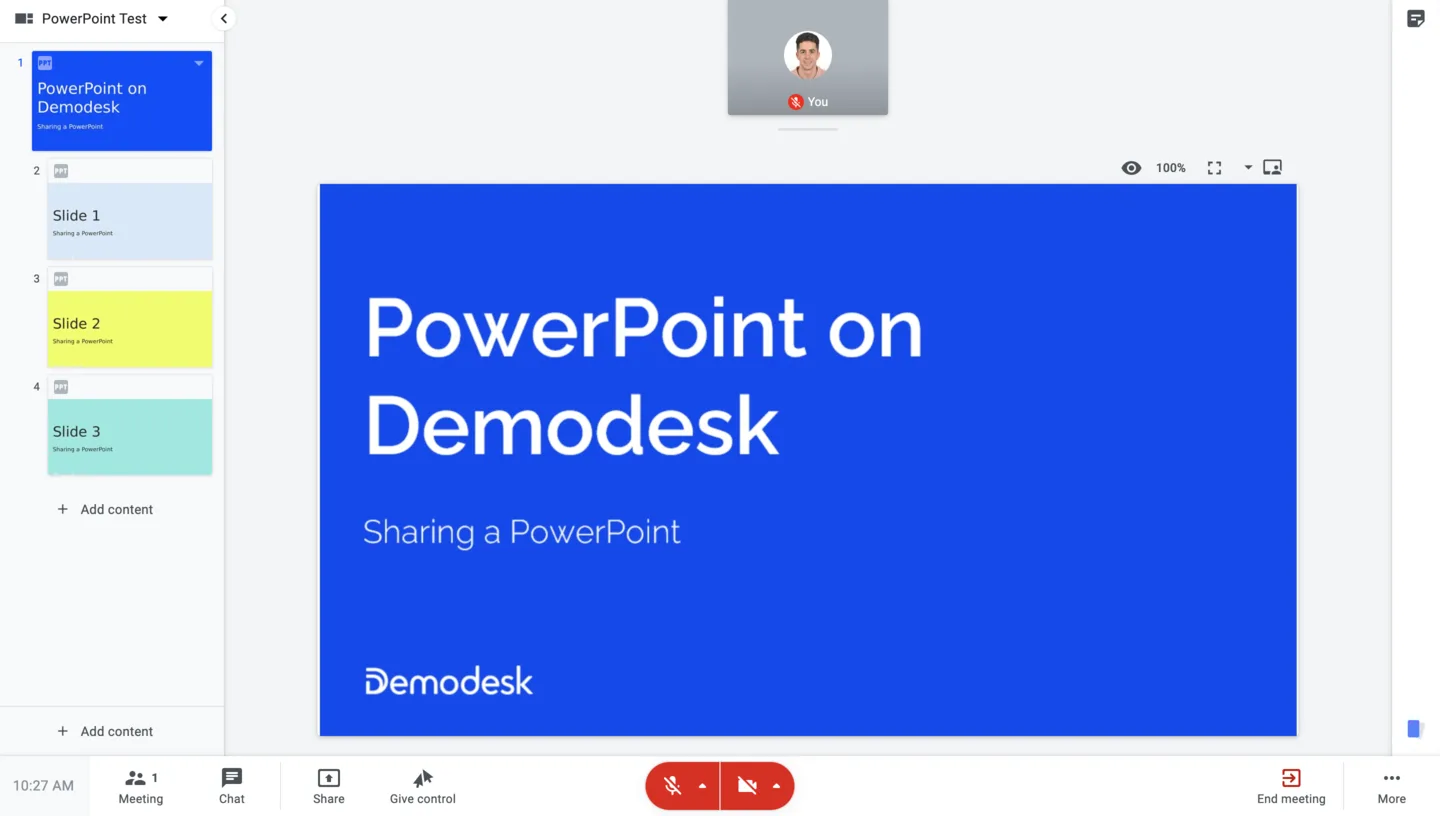 In-meeting playbook view showing the uploaded PowerPoint rendered as browsable slides