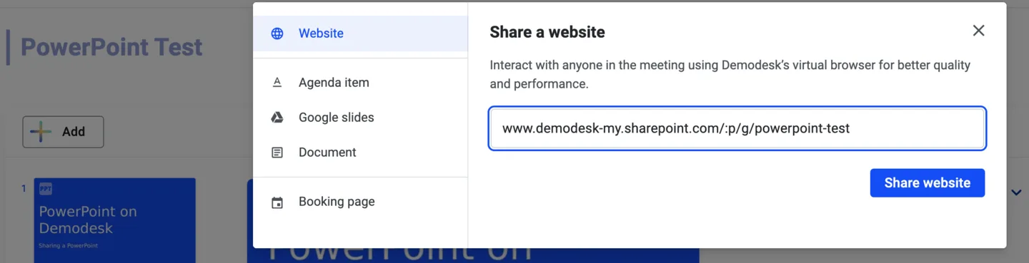 Playbook editor Website tab with a SharePoint presentation link entered to share