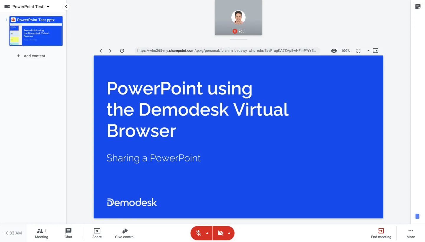 In-meeting virtual browser displaying the PowerPoint presentation via the SharePoint link