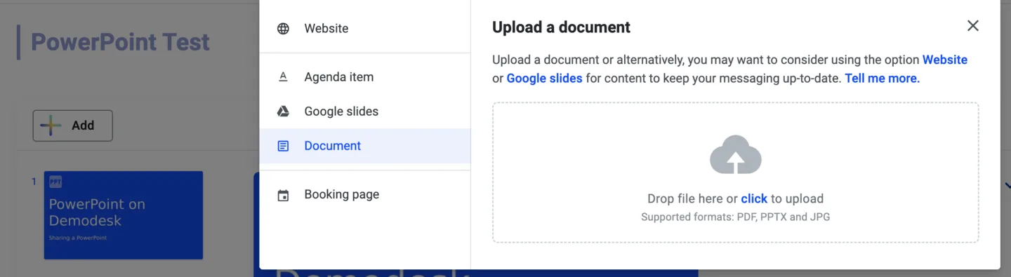 Playbook editor Document tab upload dialog for adding a PDF, PPTX or JPG file