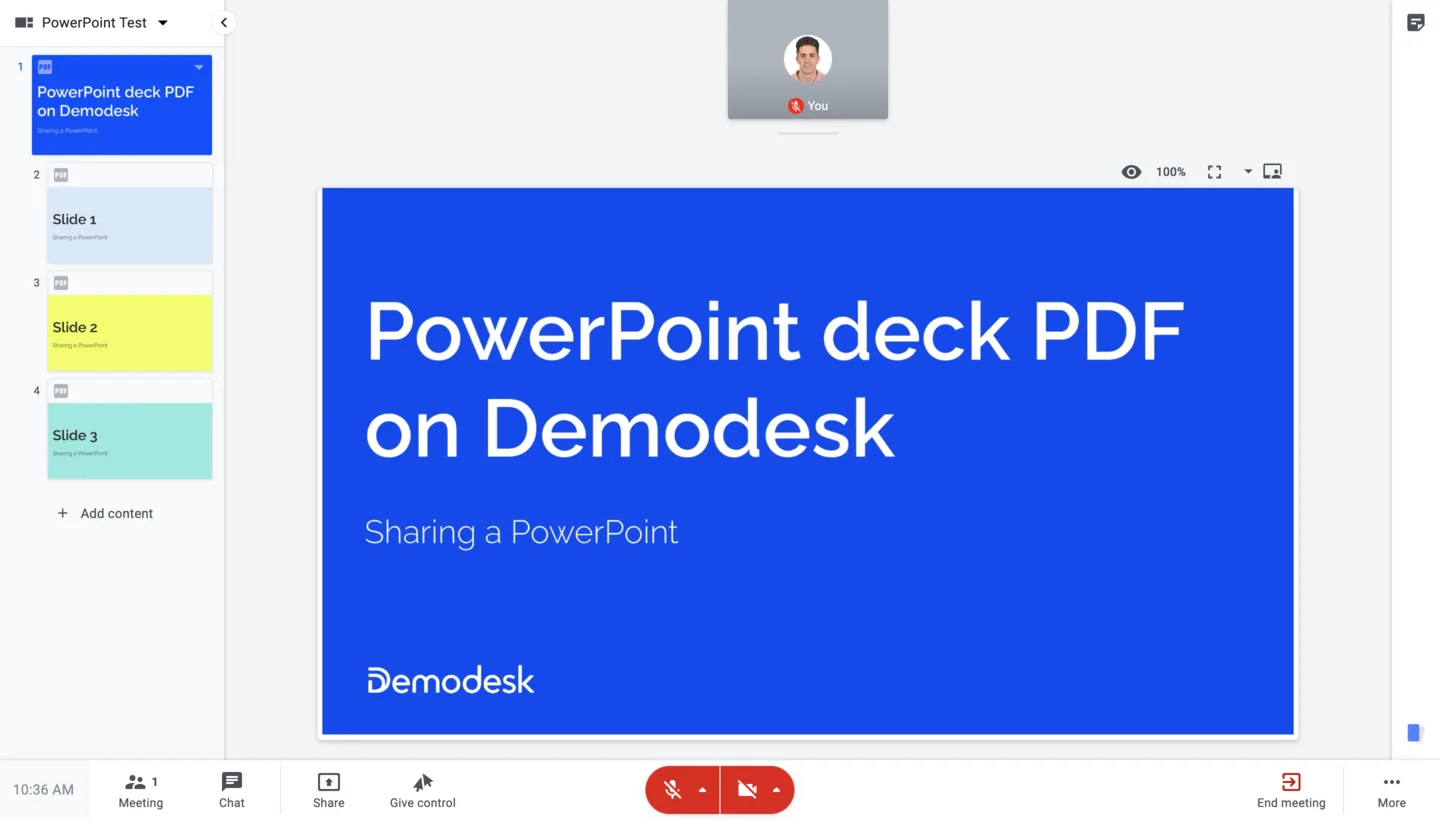 In-meeting slide view showing the PowerPoint deck shared as a PDF