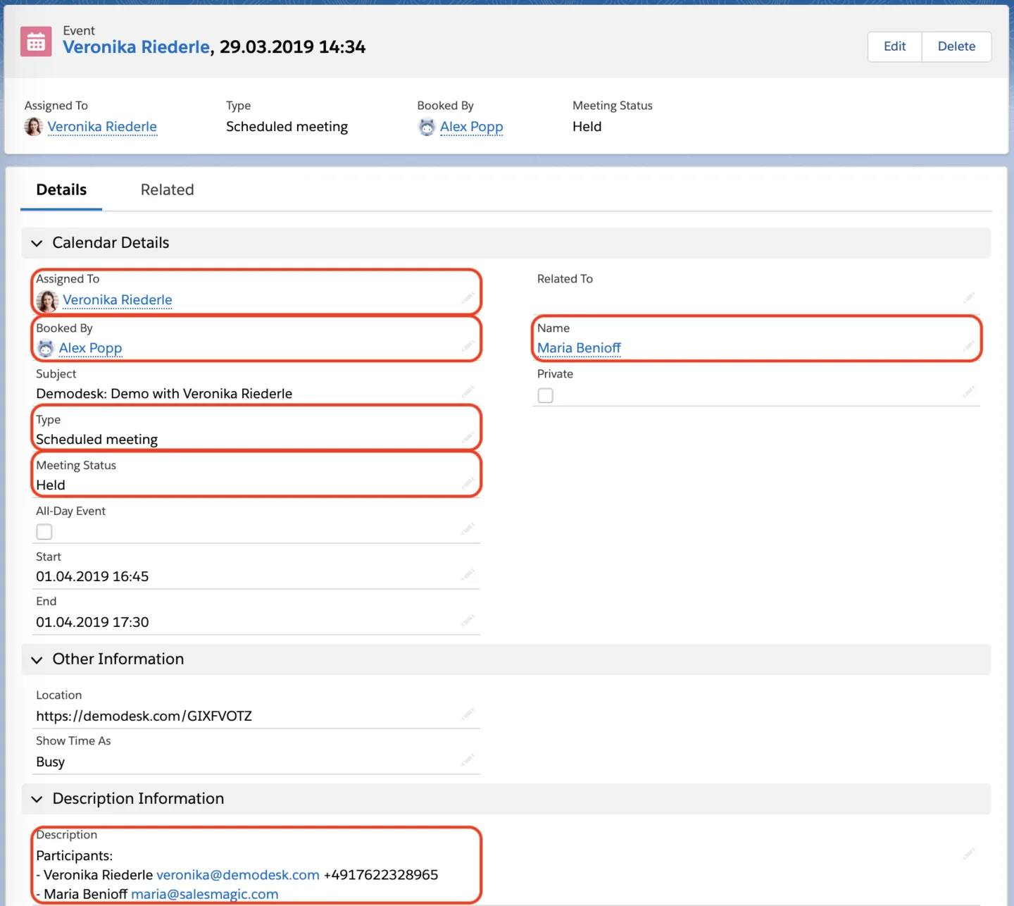 Salesforce event record with the synced Demodesk fields highlighted, including meeting status