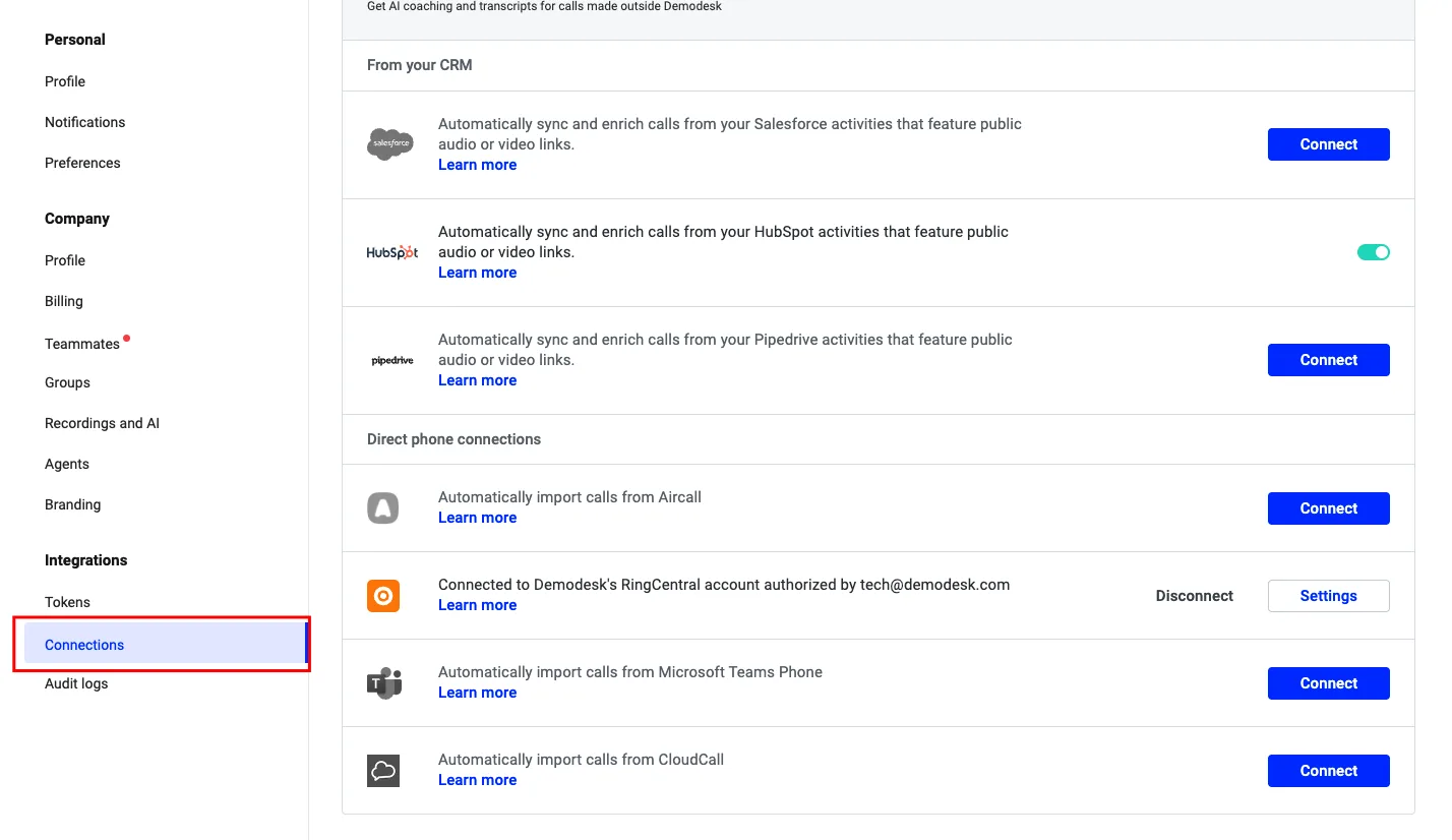 Integrations settings with the Connections tab highlighted and RingCentral already connected