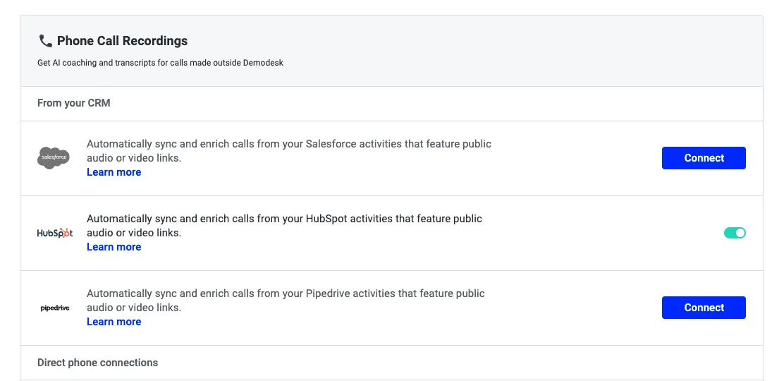 Phone Call Recordings settings with the HubSpot CRM connection toggle turned on