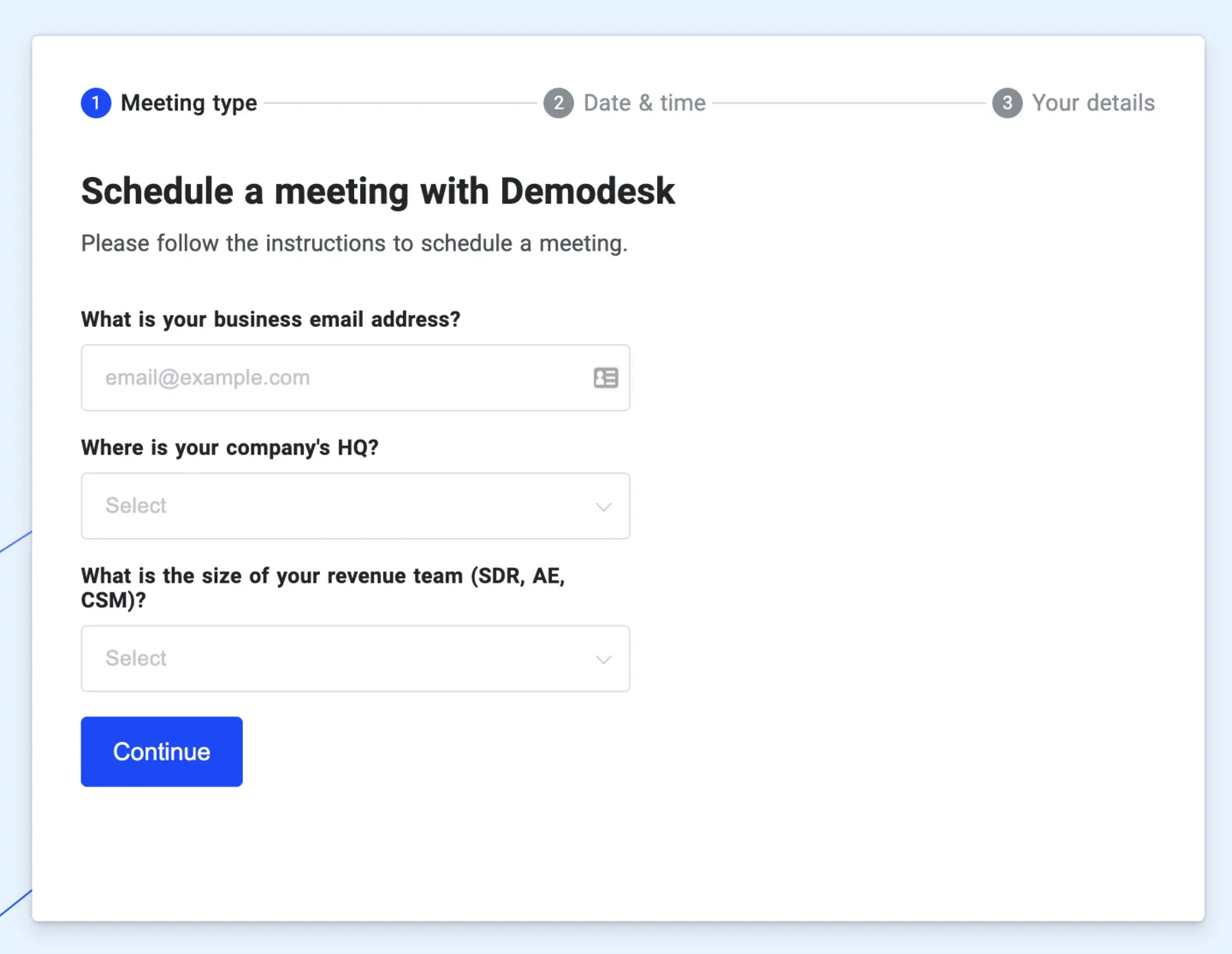 Visitor-facing routing form asking for business email, company HQ, and revenue team size