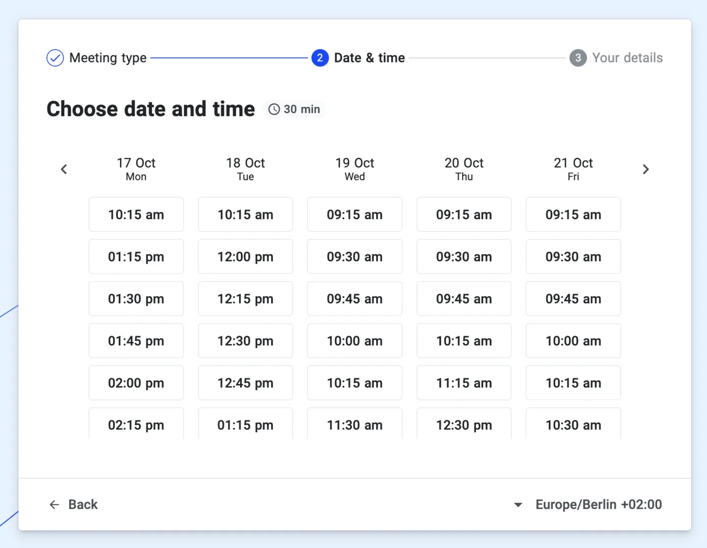 Date and time picker showing available meeting slots for the assigned owner