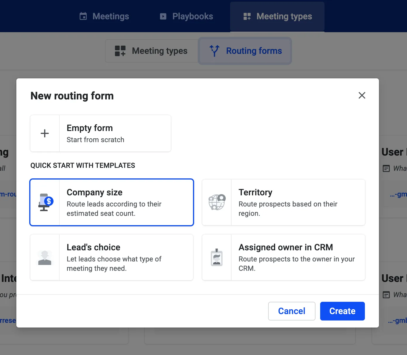 New routing form dialog showing template options including Company size, Territory, and Lead's choice