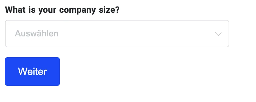 Routing form displayed in German with a company size dropdown and Weiter button, showing locale prefilling