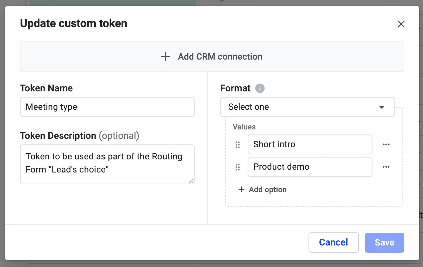 Update custom token dialog defining a Meeting type token with Short intro and Product demo values