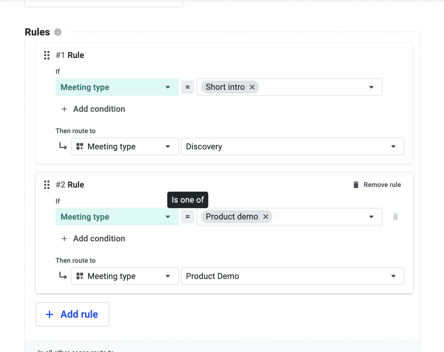 Routing rules mapping the Meeting type token values to their matching meeting types