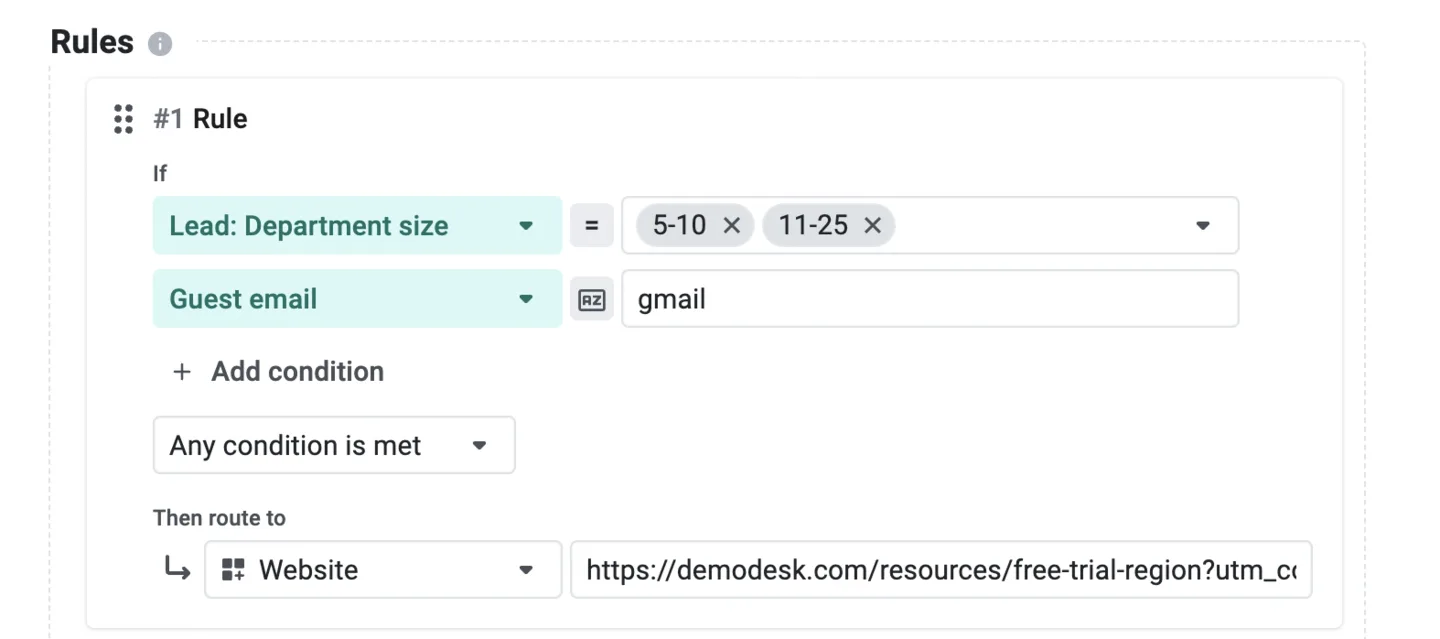 Routing rule combining department size and guest email conditions, routing to the free trial page