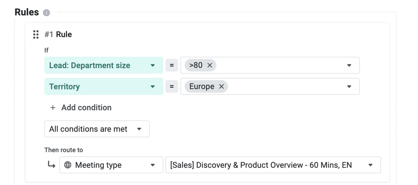 Routing rule requiring department size over 80 and territory Europe, routed to a Discovery meeting type