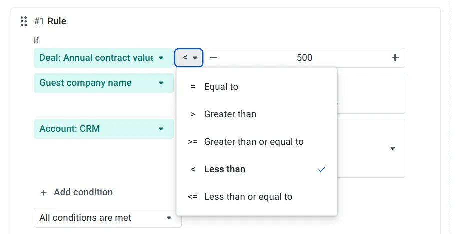 Condition dropdown for a numeric field showing comparison operators like greater than and less than