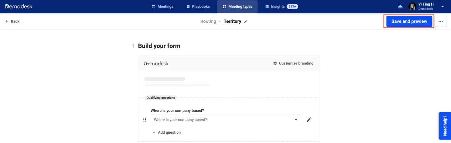 Routing form builder with the Save and preview button highlighted in the top right