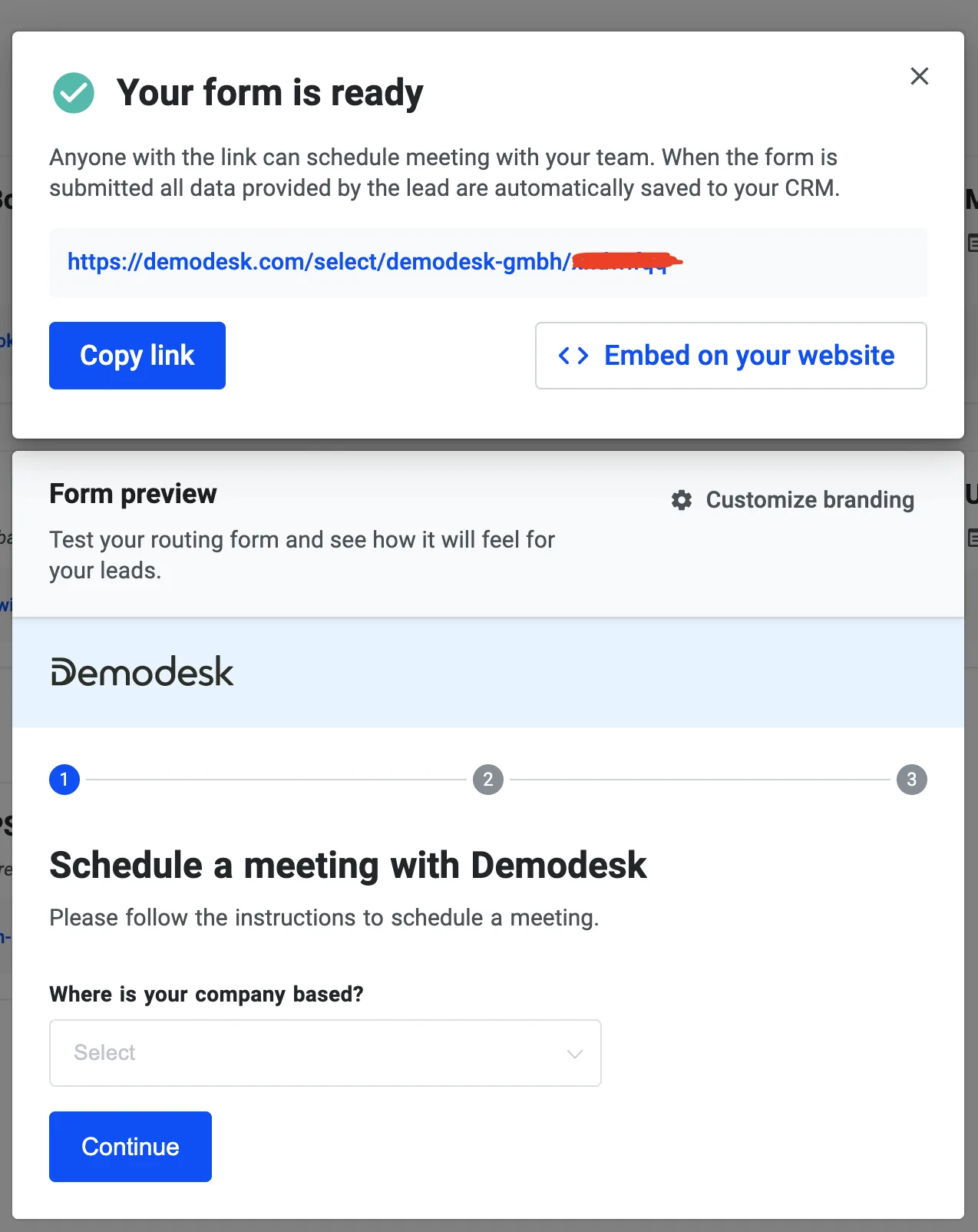 Your form is ready dialog with the shareable link, Copy link and Embed options, and a form preview below