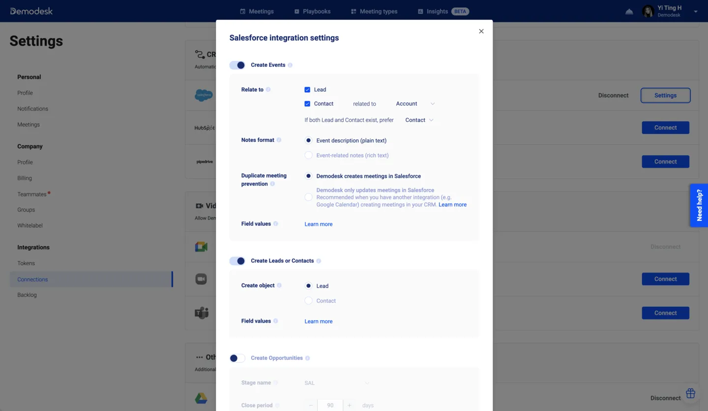 Salesforce integration settings dialog with Create Events, notes format, and Create Leads or Contacts options