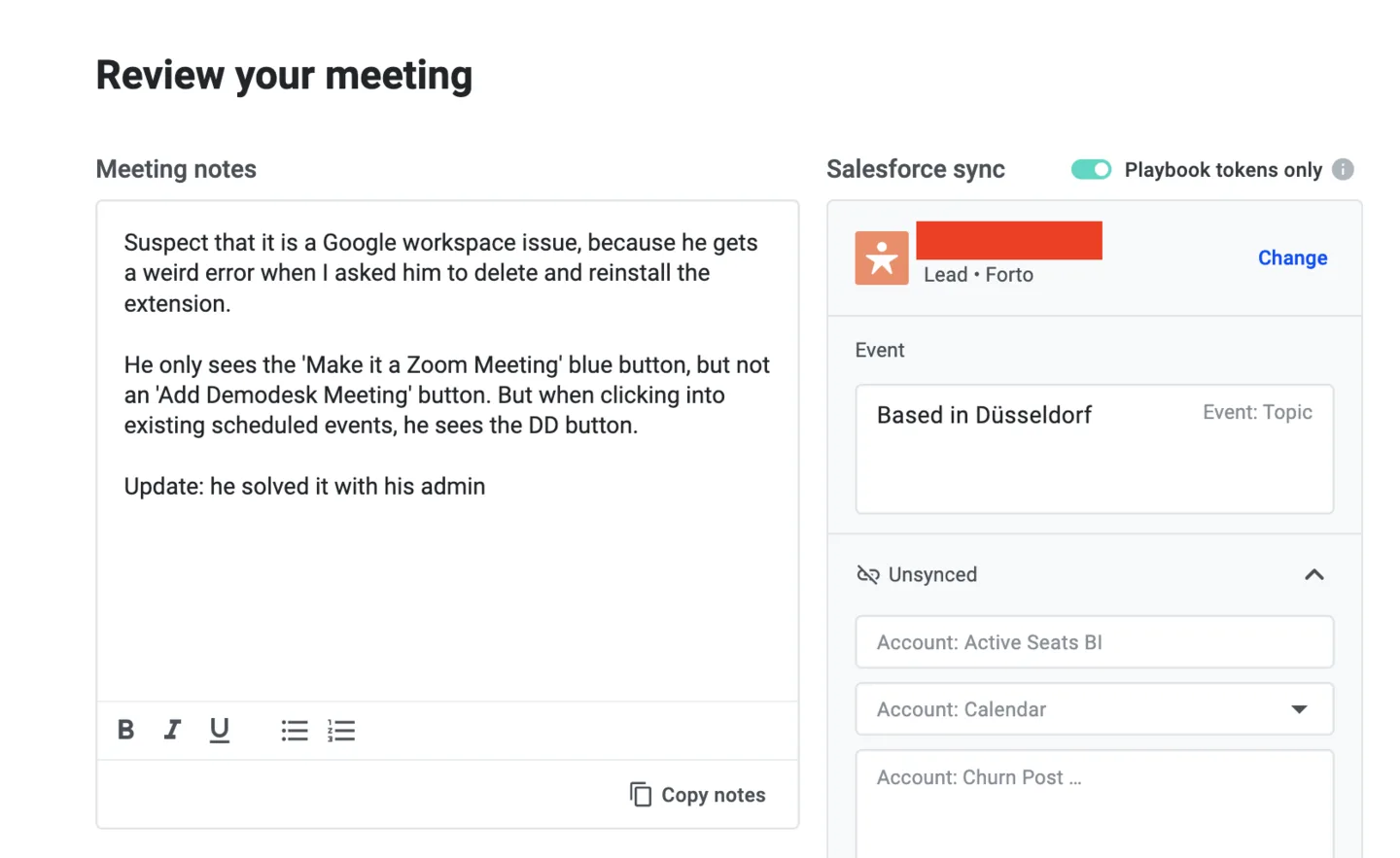 Meeting review page with a Salesforce sync panel showing a matched contact and unsynced account fields