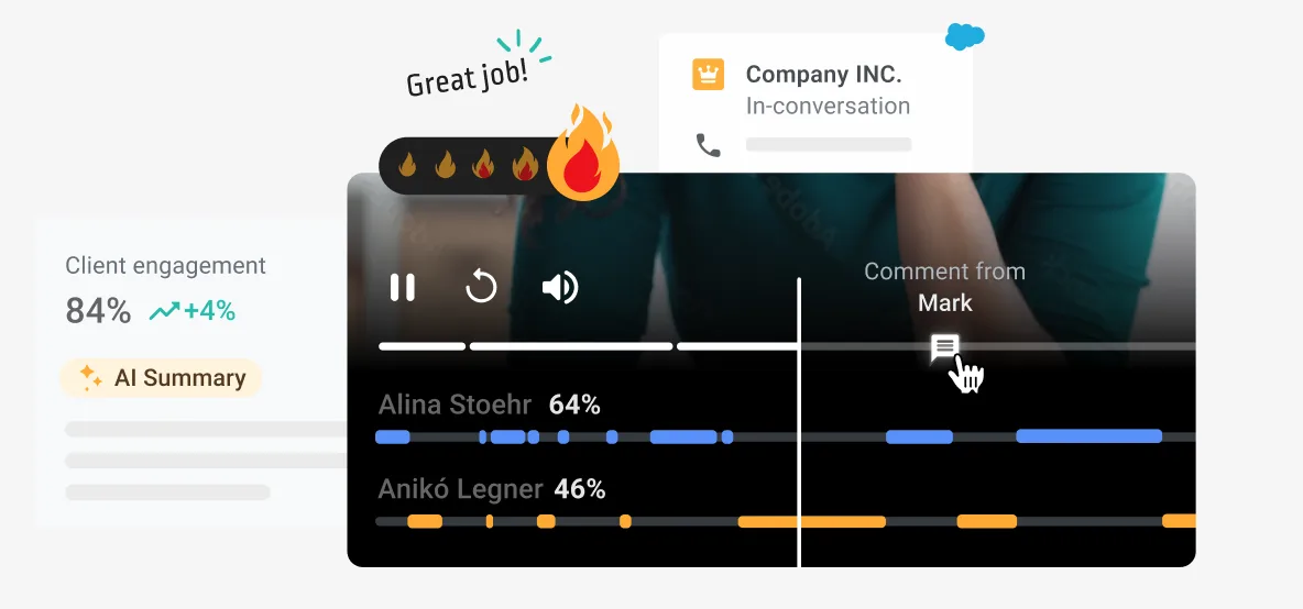 Illustration of a recording timeline with a contextual comment and client engagement score