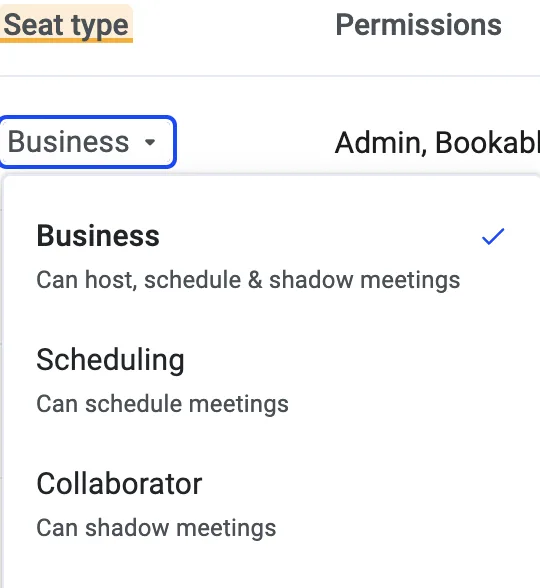 Seat type dropdown showing Business, Scheduling and Collaborator options with their permissions